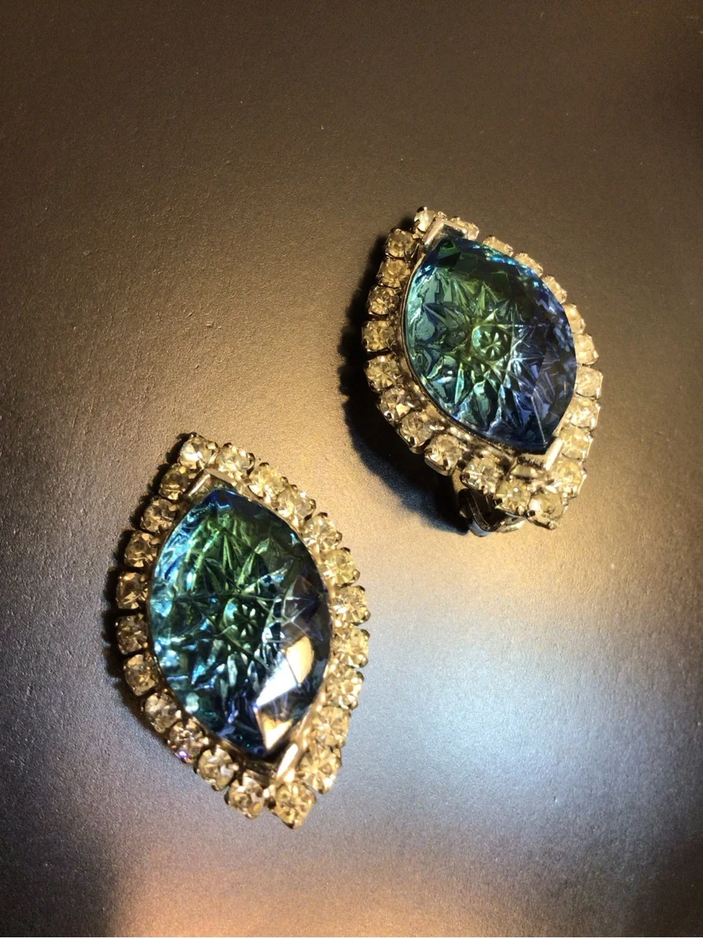 Vintage Mid-century Clip-on Earrings Blue Navette Stones Clear Rhinestones